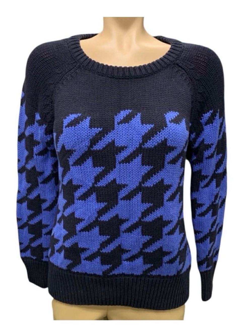 Liz & Claiborne Black and Royal Blue Houndstooth Knit Sweater